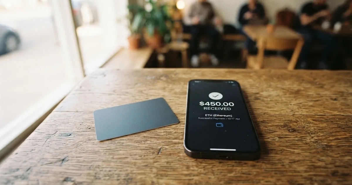 A payment card next to a phone with a crypto wallet app open