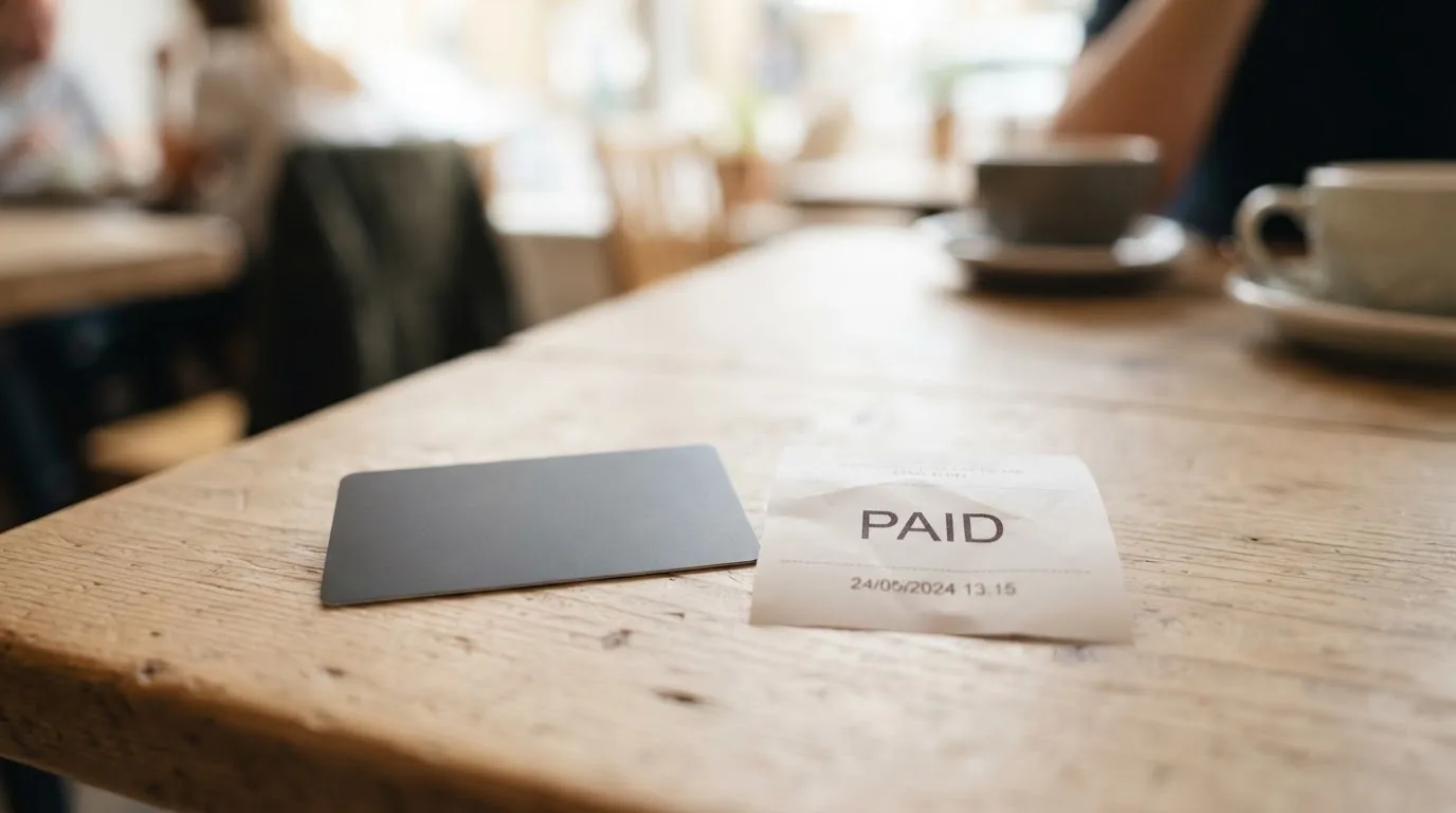 A receipt and a card on a café table