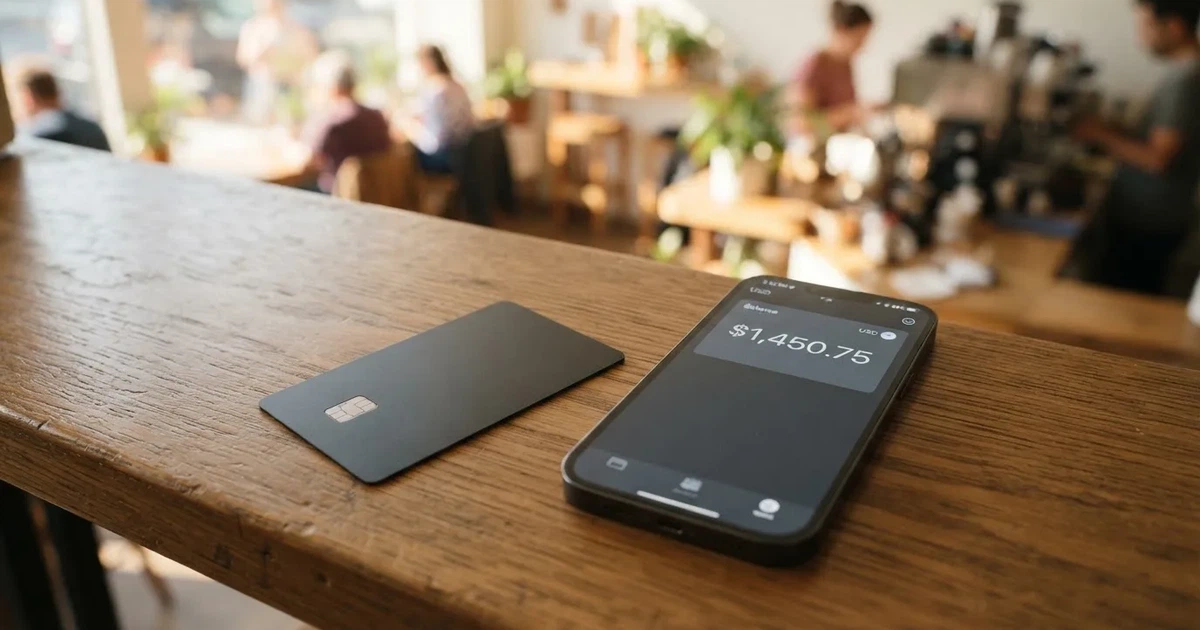 A payment card next to a phone with a crypto wallet app open
