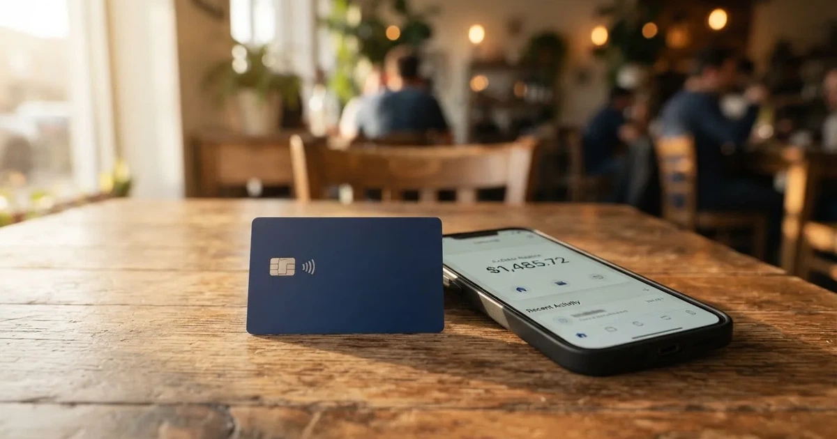 A payment card next to a phone with a crypto wallet app open