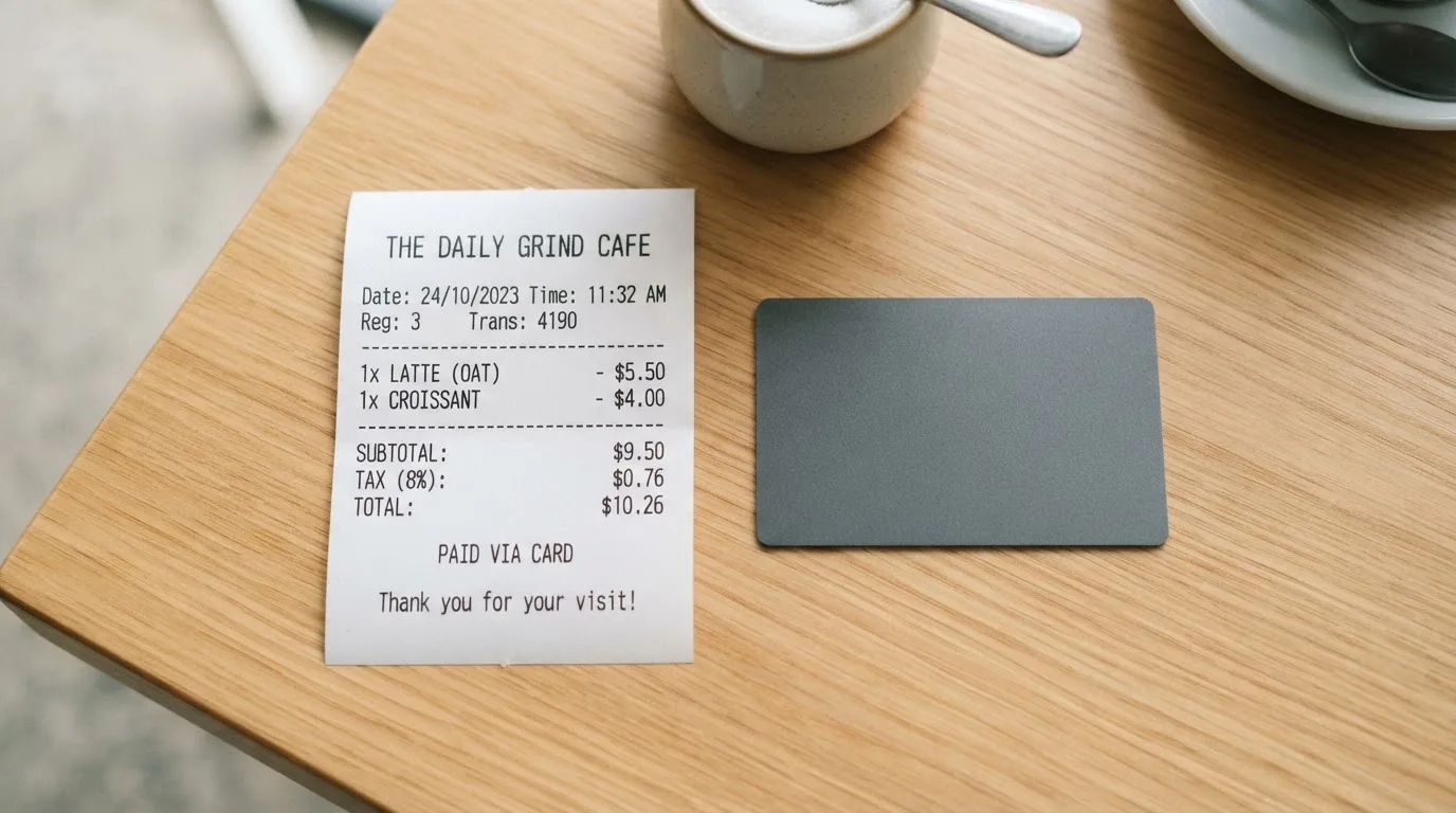 A receipt and a card on a café table