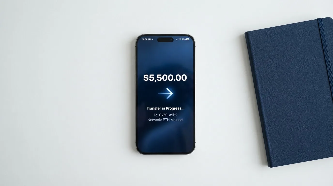A phone showing a stablecoin transfer screen