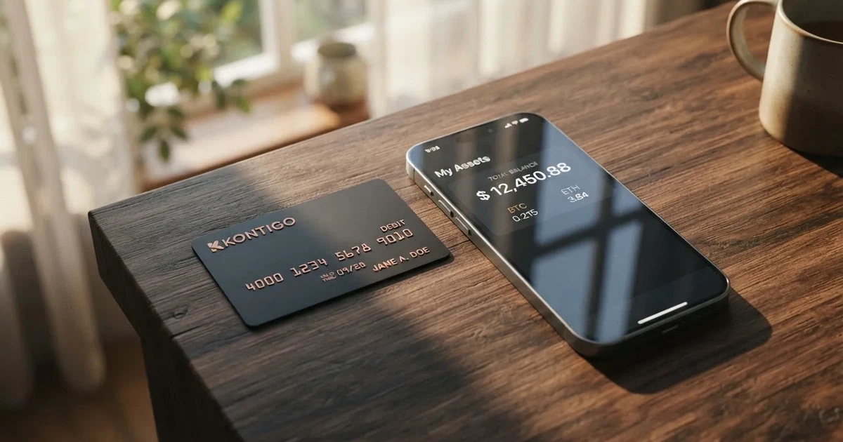 A payment card next to a phone with a crypto wallet app open