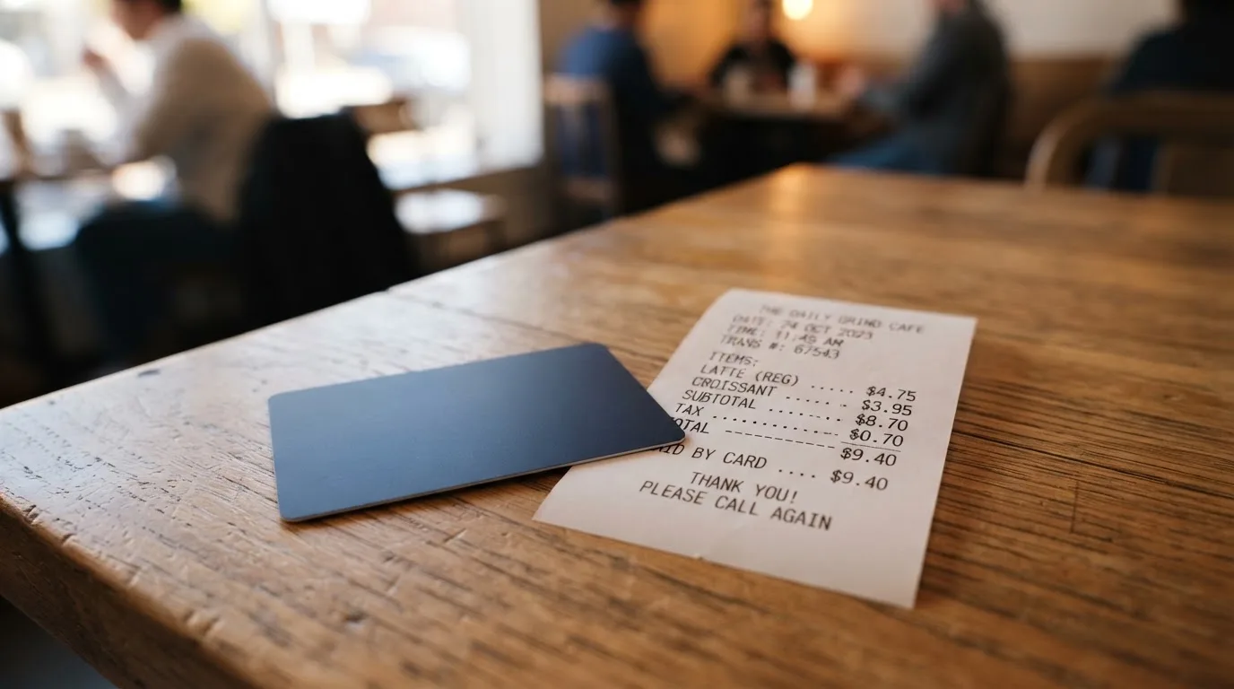 A receipt and a card on a café table