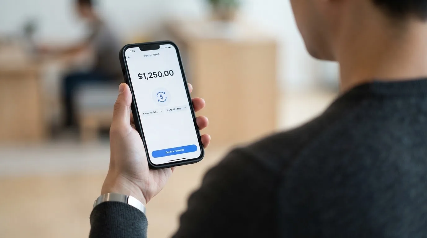 A phone showing a stablecoin transfer screen