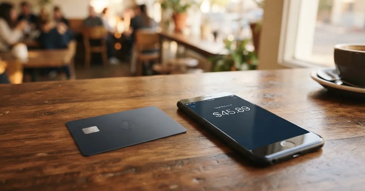 A payment card next to a phone with a crypto wallet app open