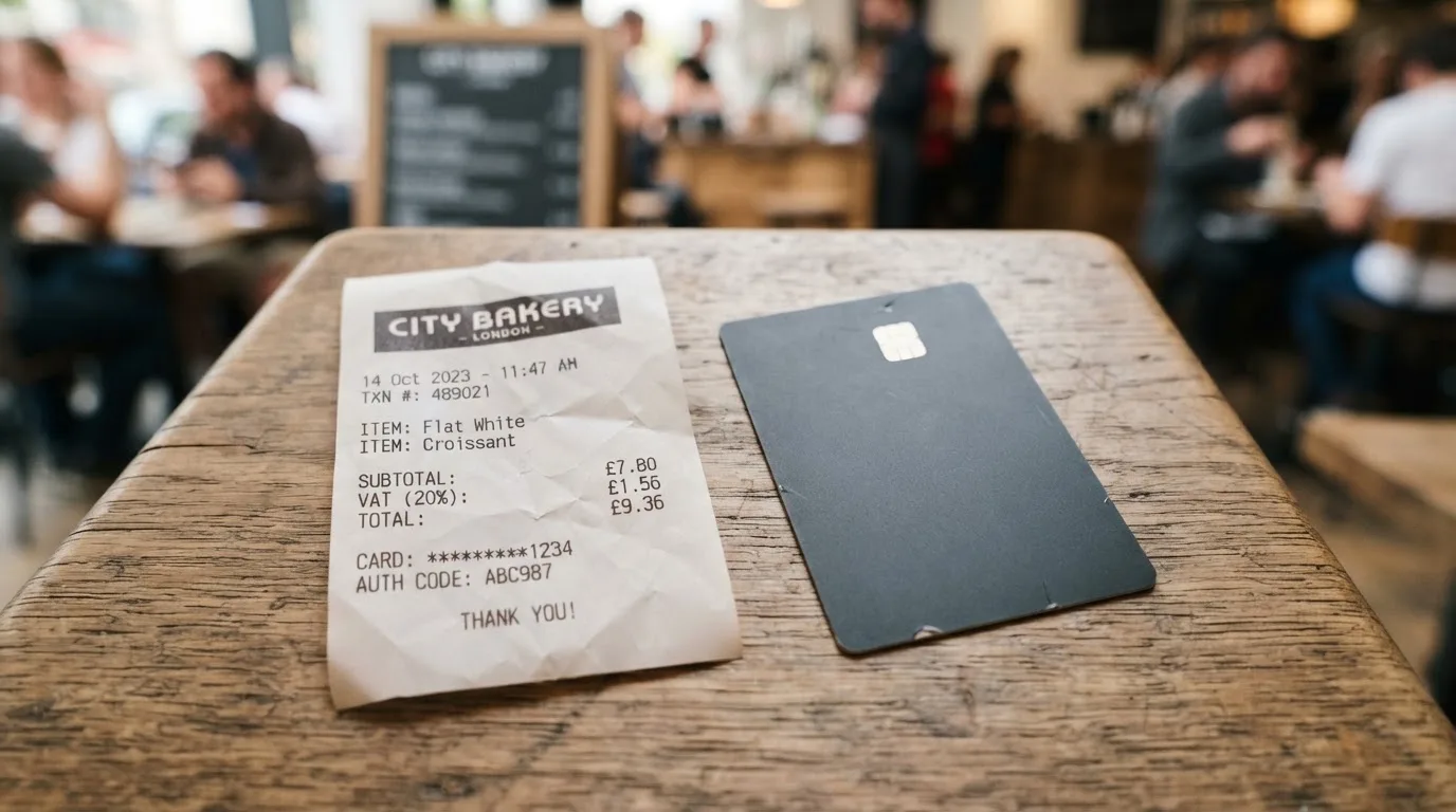 A receipt and a card on a café table