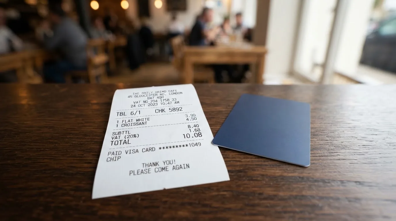 A receipt and a card on a café table