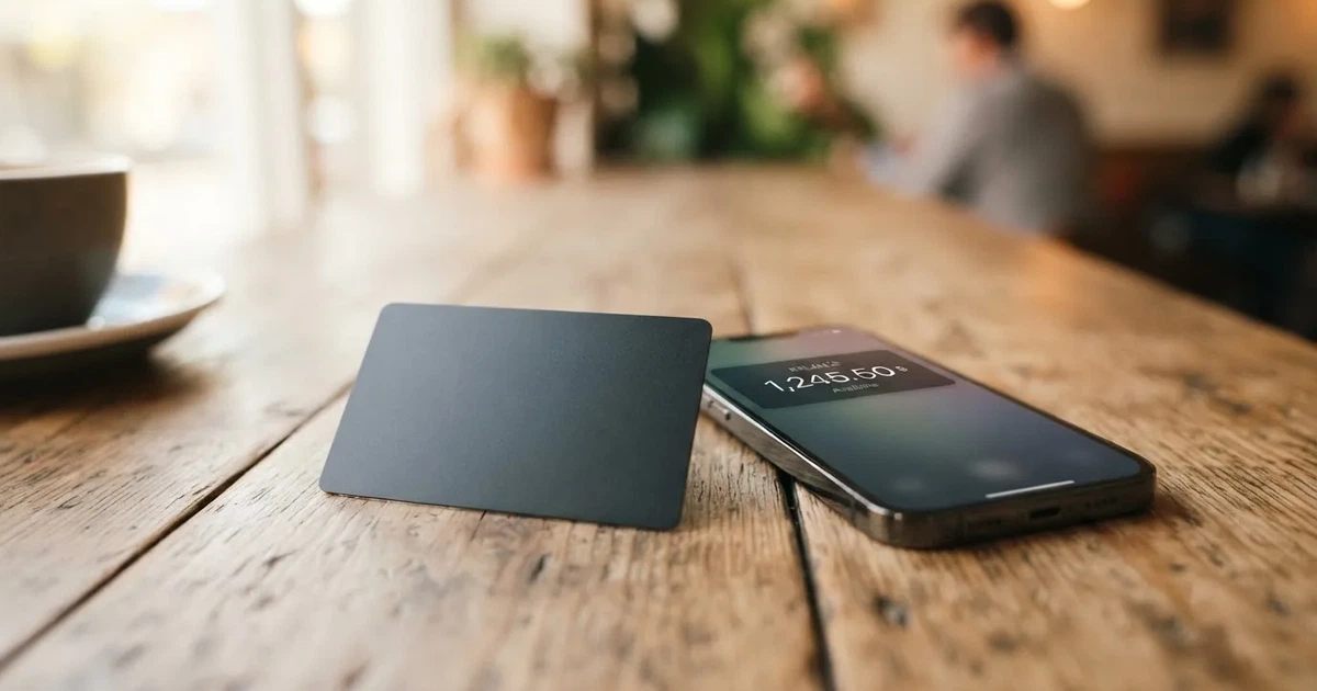 A payment card next to a phone with a crypto wallet app open