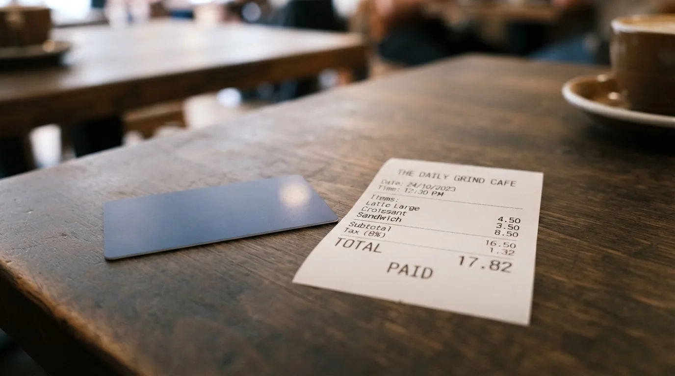 A receipt and a card on a café table