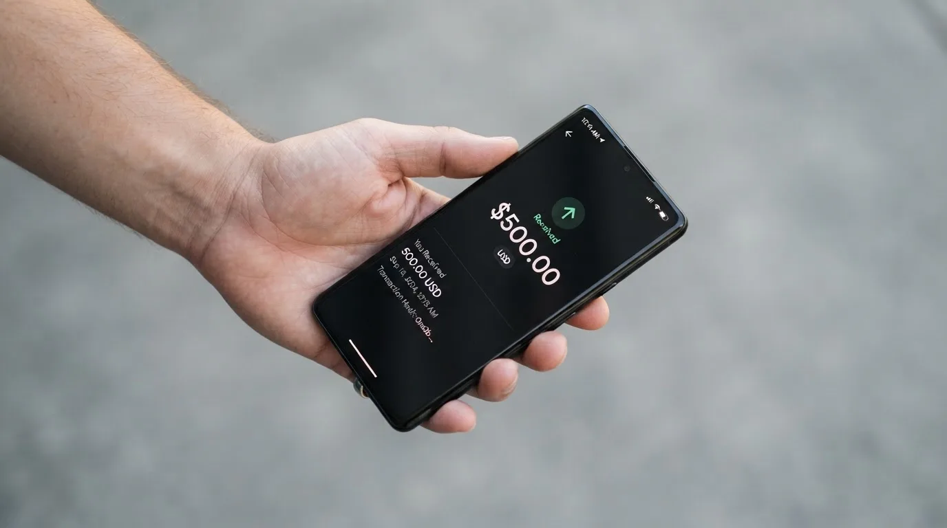 A phone showing a stablecoin transfer screen