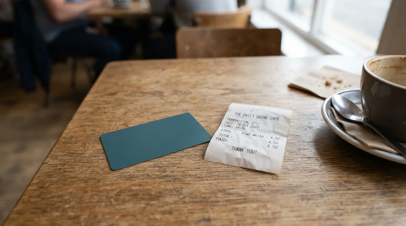 A receipt and a card on a café table