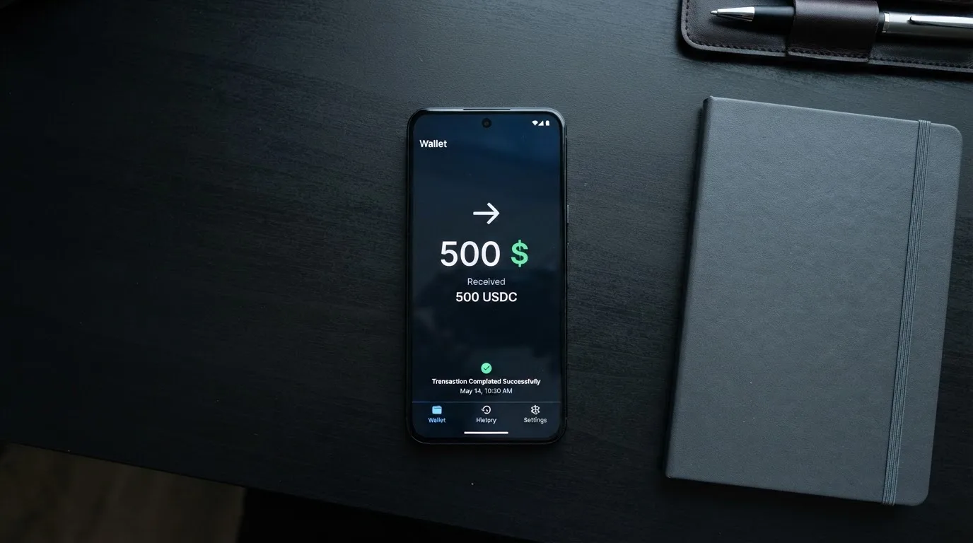 A phone showing a stablecoin transfer screen