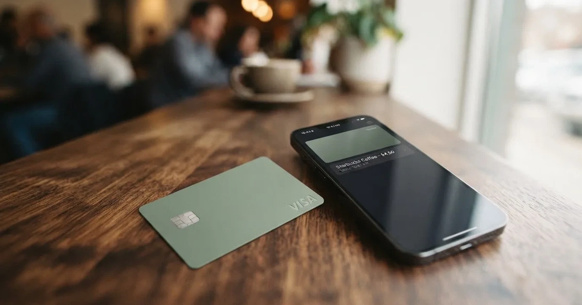 A payment card next to a phone with a crypto wallet app open
