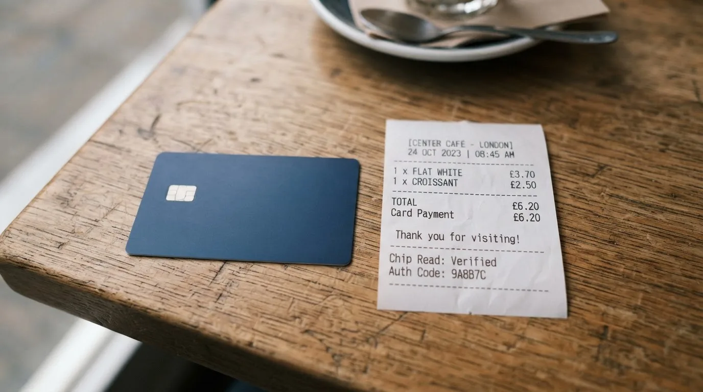 A receipt and a card on a café table