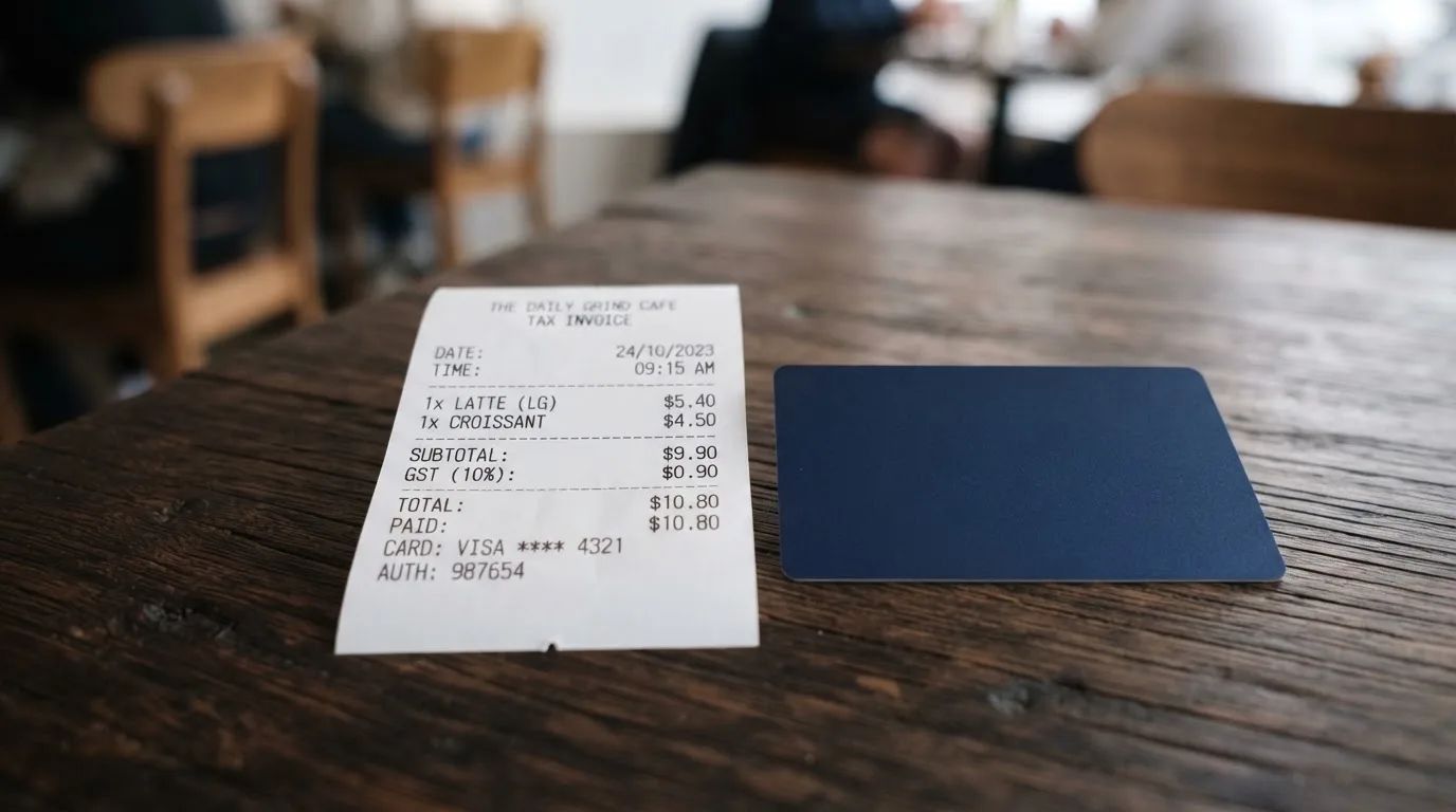 A receipt and a card on a café table