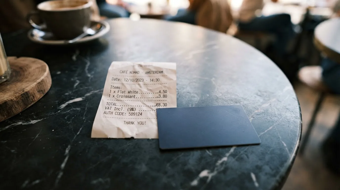 A receipt and a card on a café table