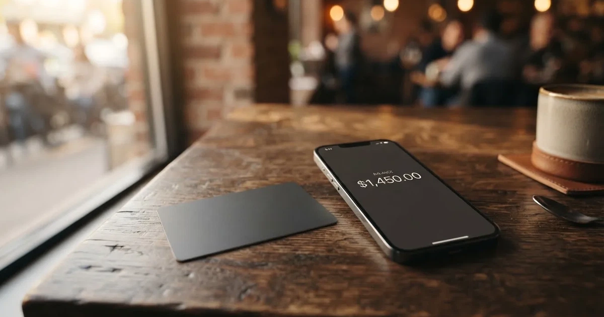 A payment card next to a phone with a crypto wallet app open