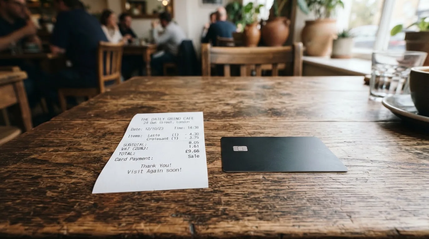 A receipt and a card on a café table