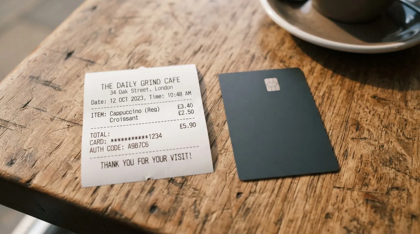 A receipt and a card on a café table