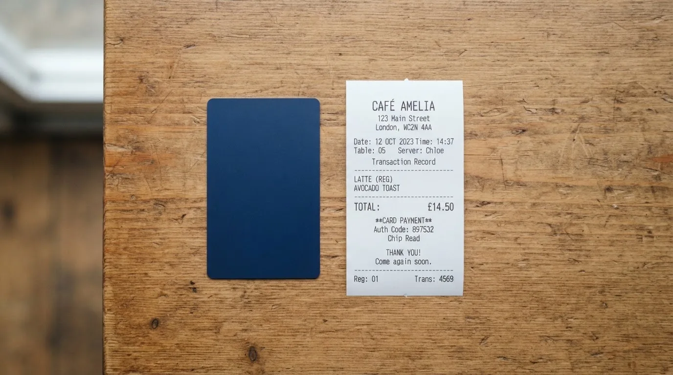 A receipt and a card on a café table