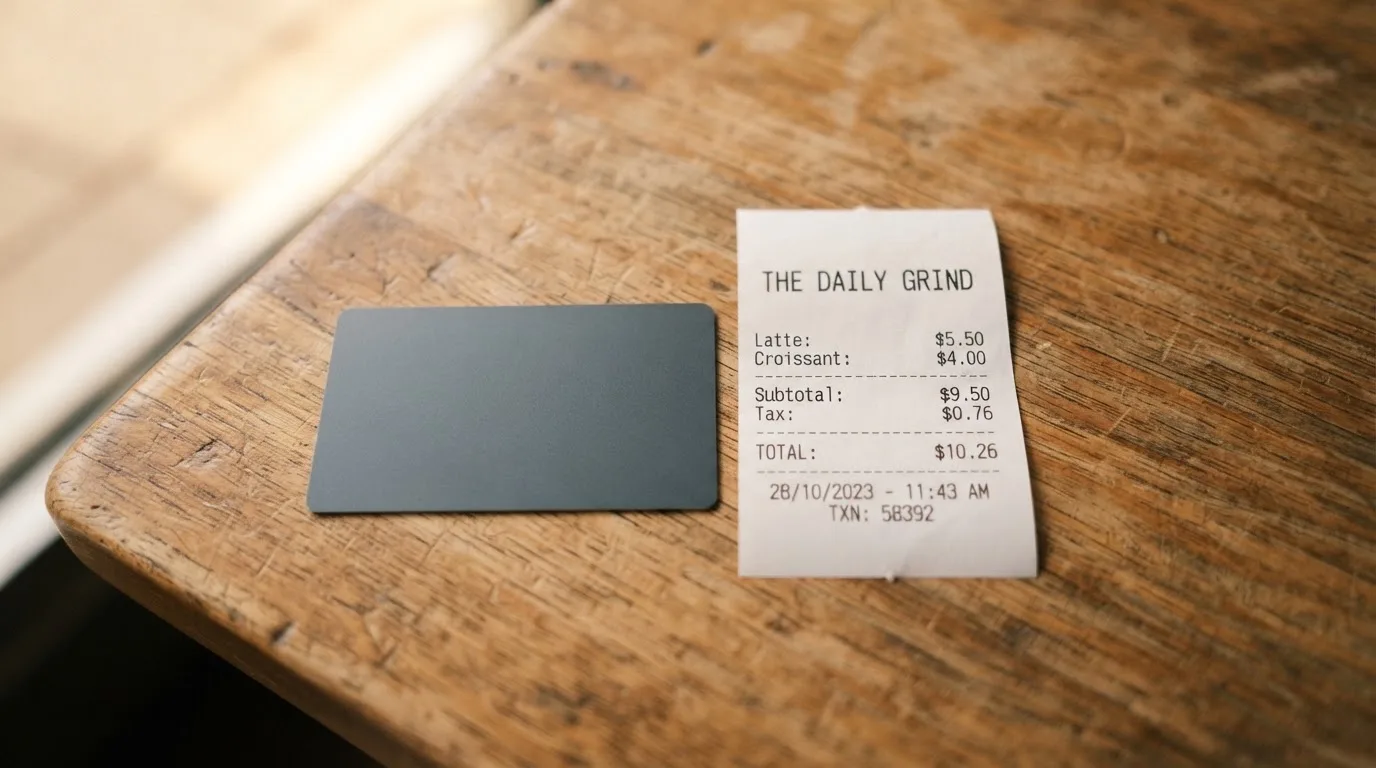 A receipt and a card on a café table