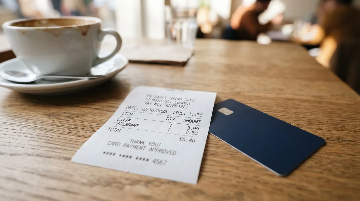 A receipt and a card on a café table