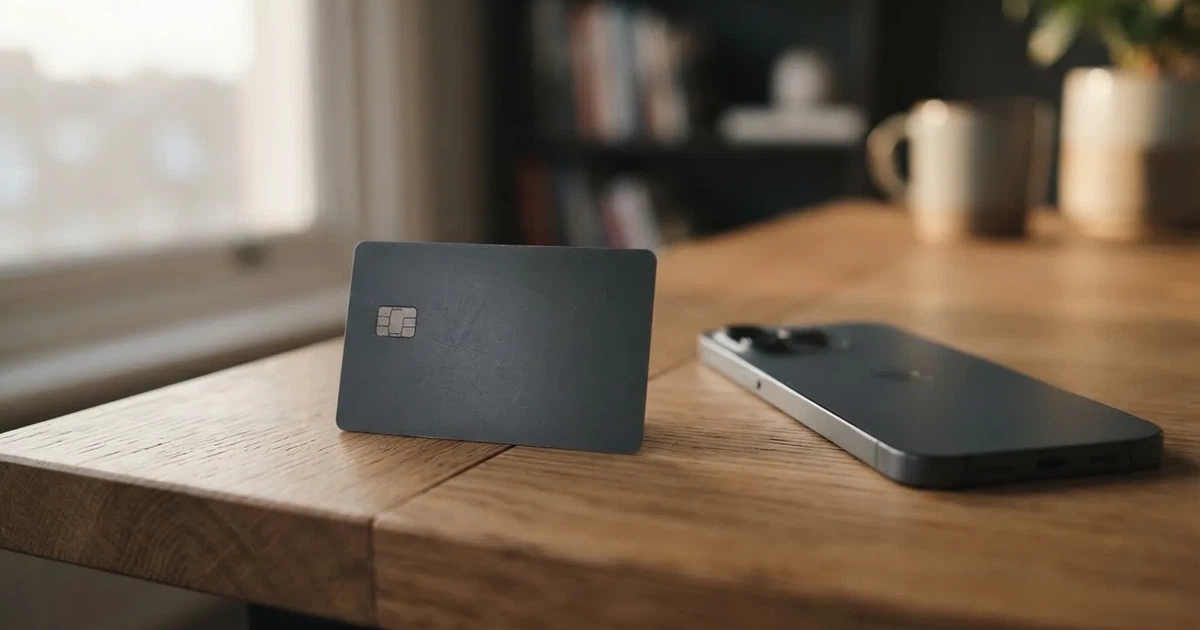 A payment card next to a phone with a crypto wallet app open