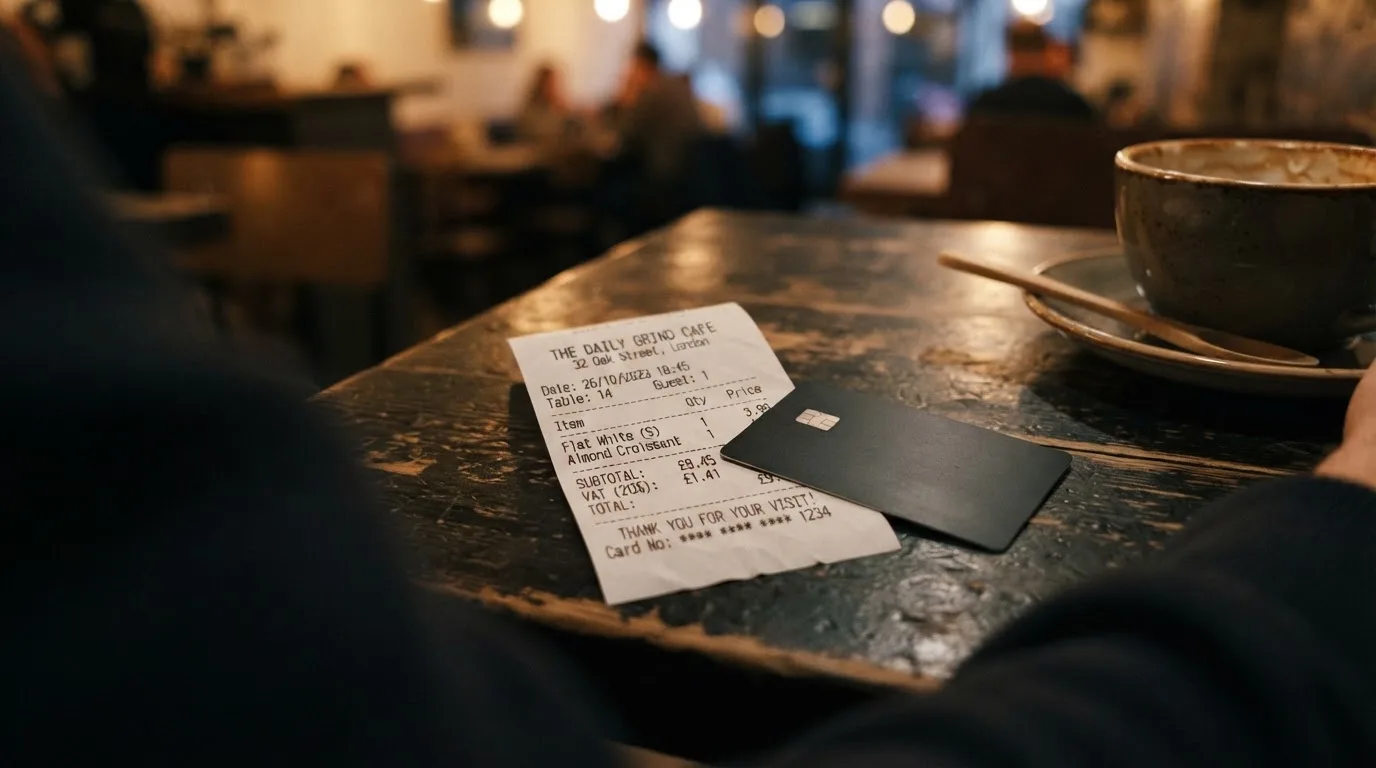 A receipt and a card on a café table
