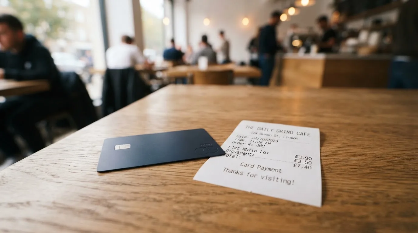 A receipt and a card on a café table