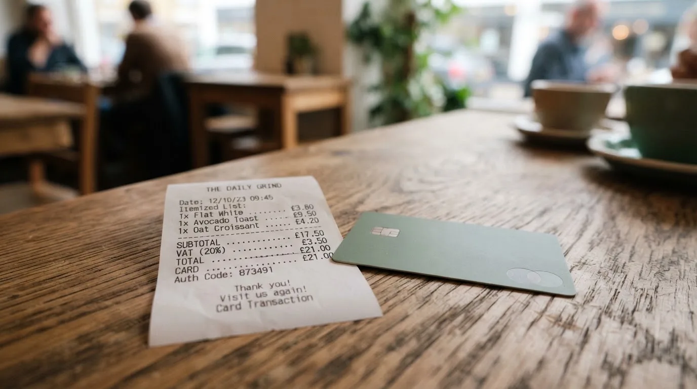 A receipt and a card on a café table