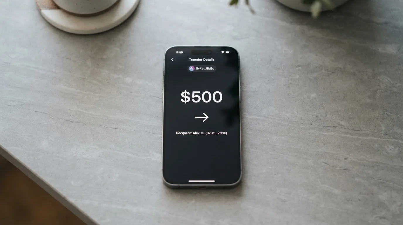 A phone showing a stablecoin transfer screen