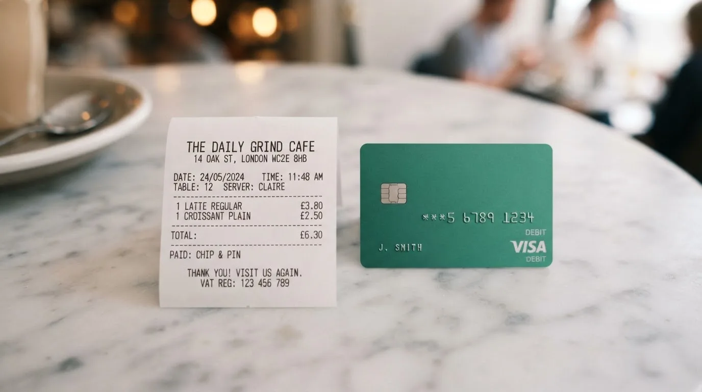 A receipt and a card on a café table