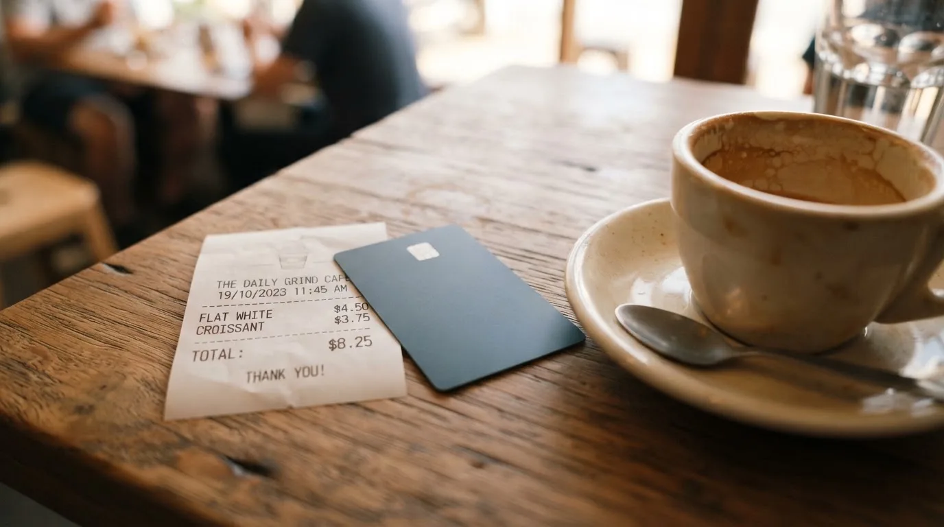 A receipt and a card on a café table