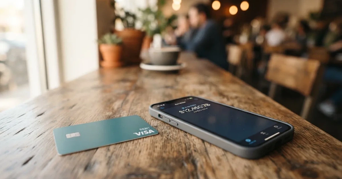 A payment card next to a phone with a crypto wallet app open