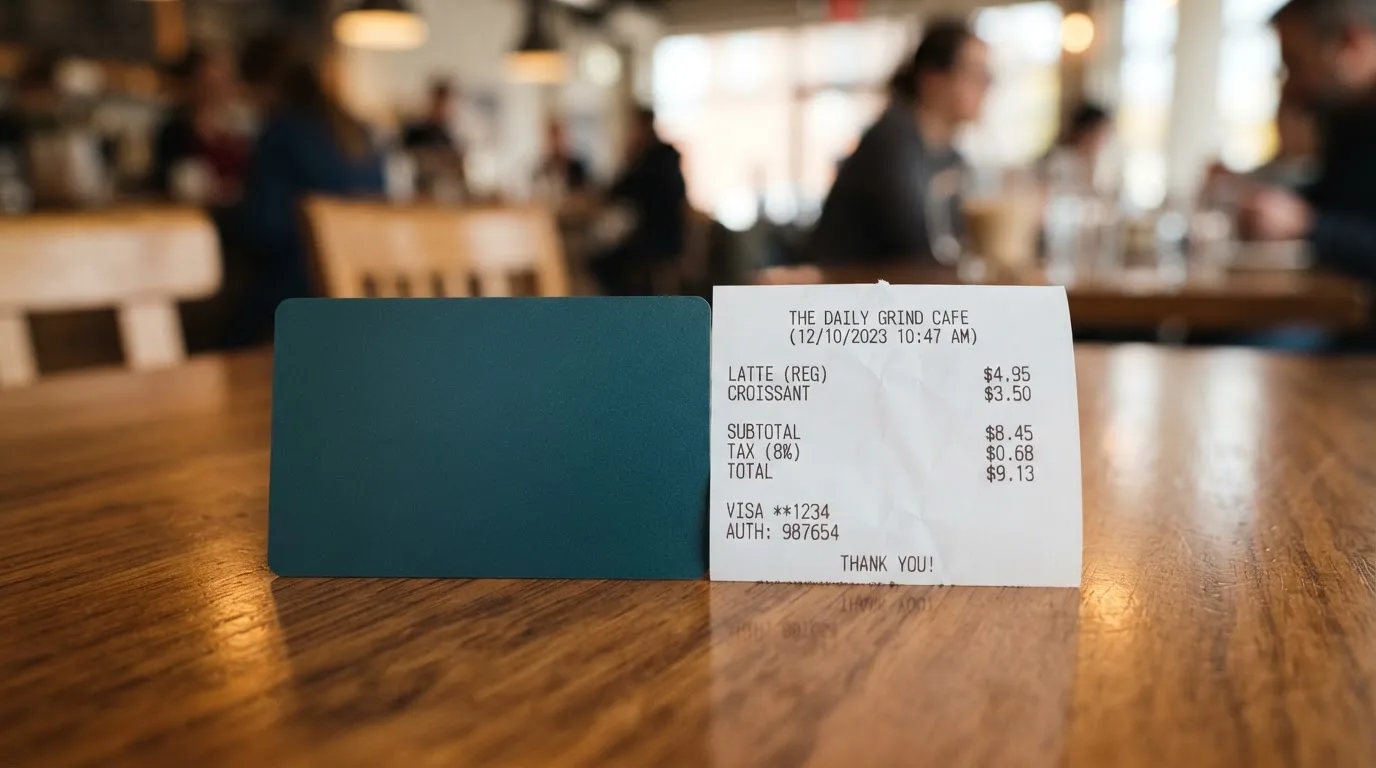 A receipt and a card on a café table