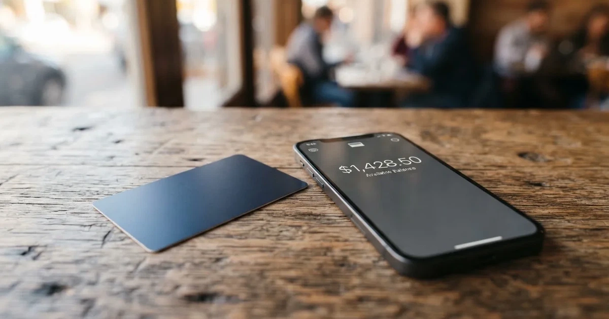 A payment card next to a phone with a crypto wallet app open