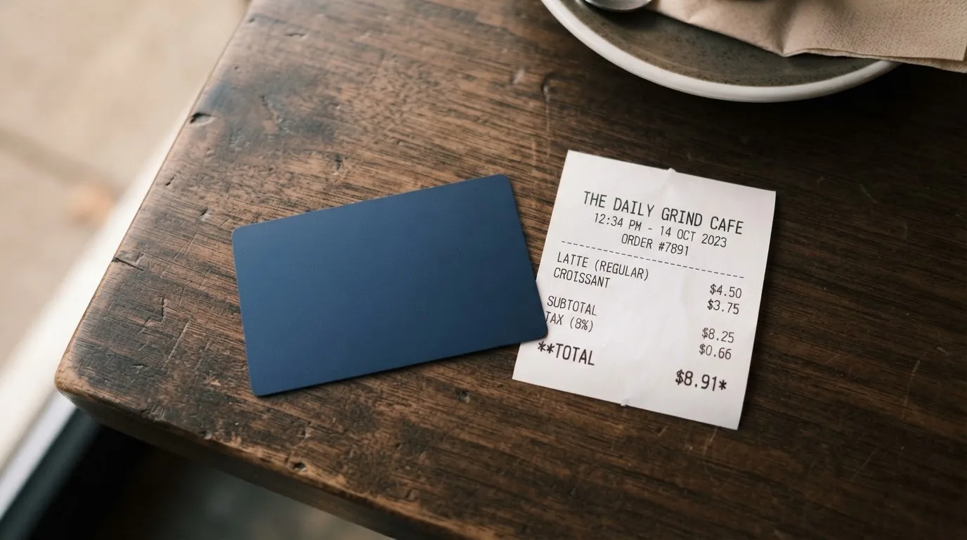 A receipt and a card on a café table
