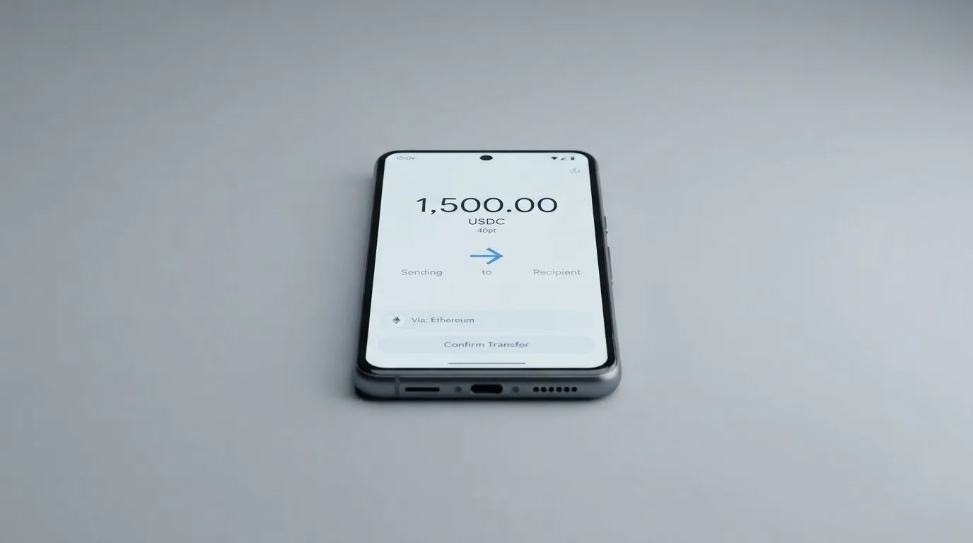 A phone showing a stablecoin transfer screen