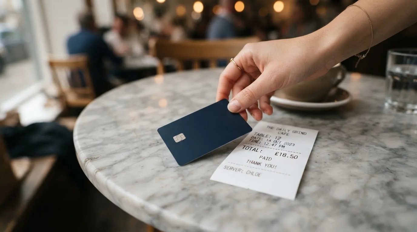 A receipt and a card on a café table