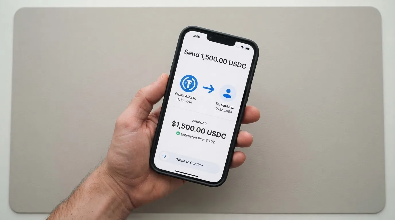 A phone showing a stablecoin transfer screen