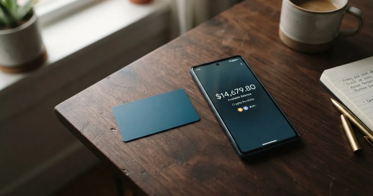 A payment card next to a phone with a crypto wallet app open