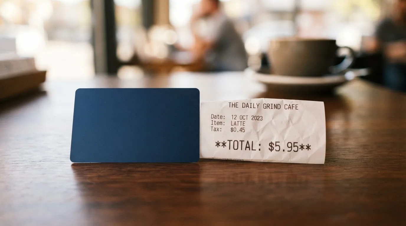A receipt and a card on a café table