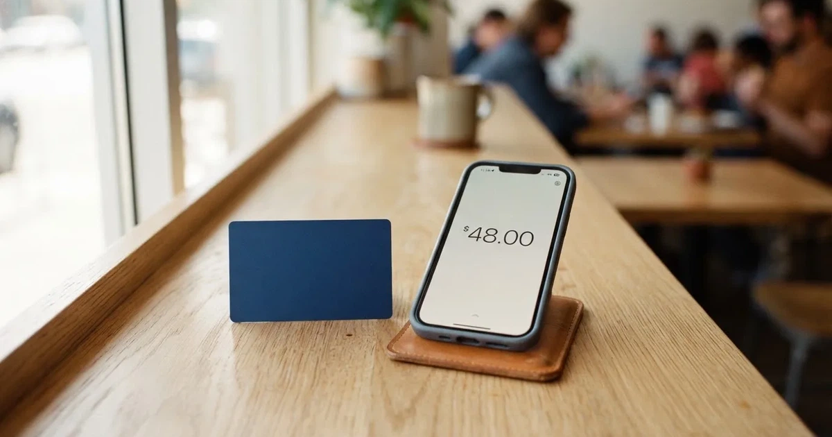 A payment card next to a phone with a crypto wallet app open