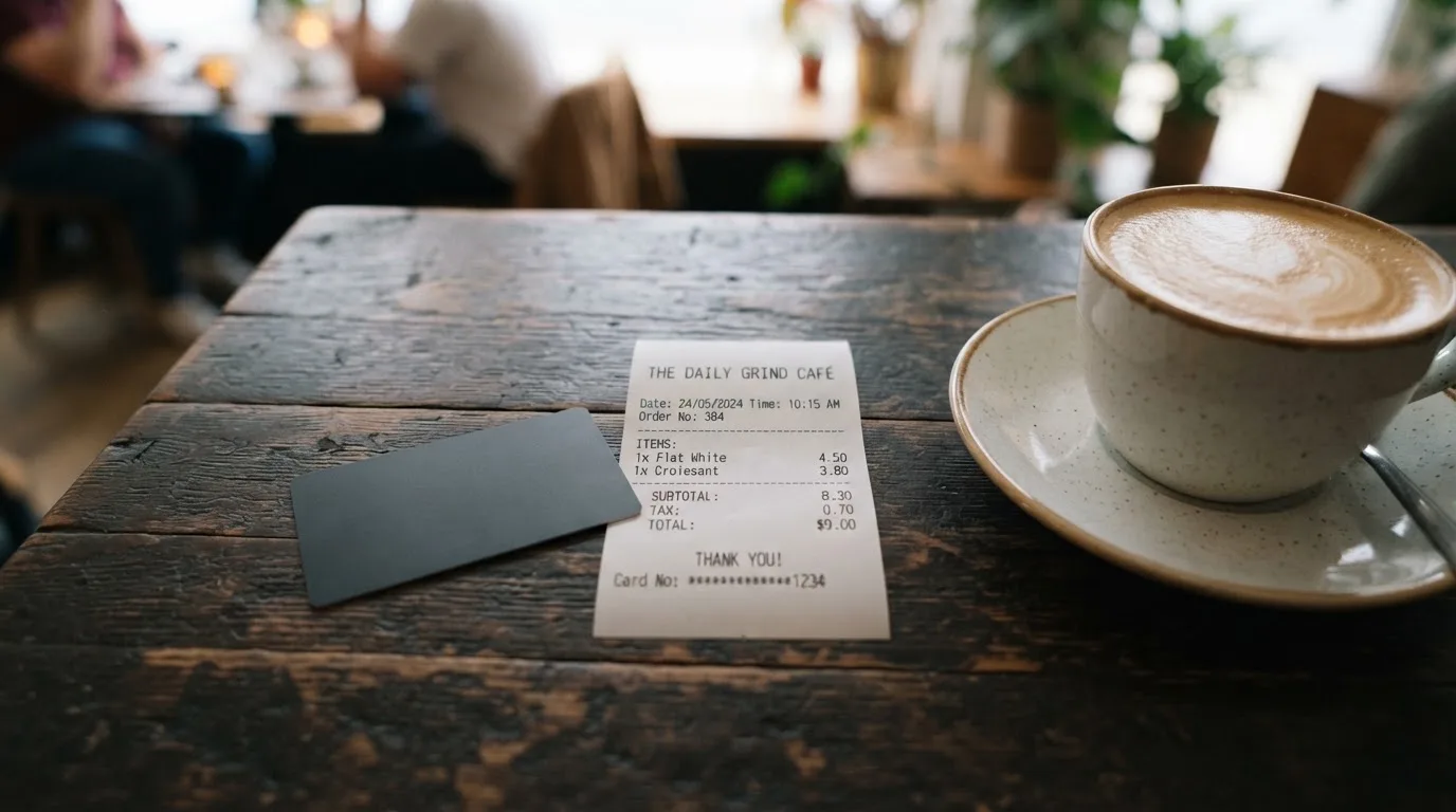 A receipt and a card on a café table