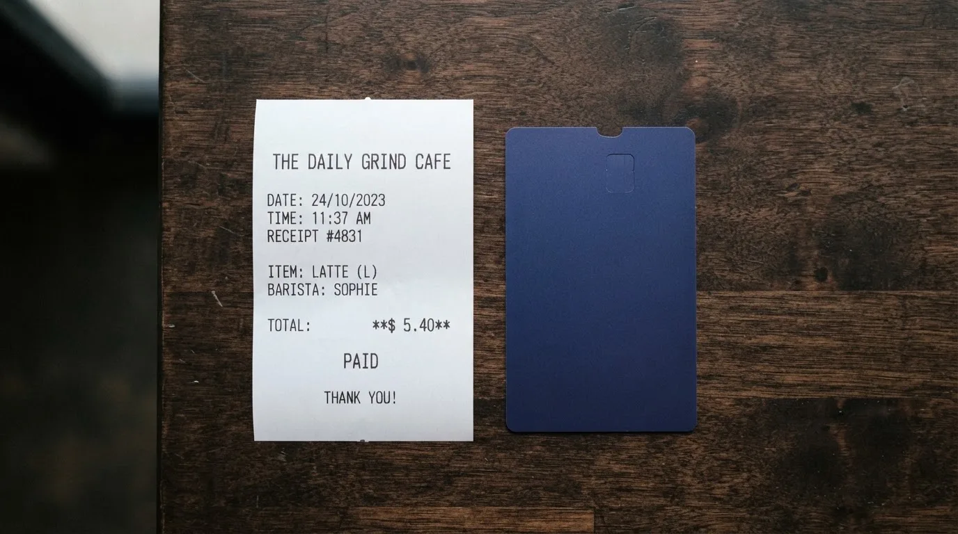 A receipt and a card on a café table
