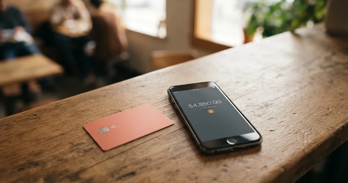 A payment card next to a phone with a crypto wallet app open