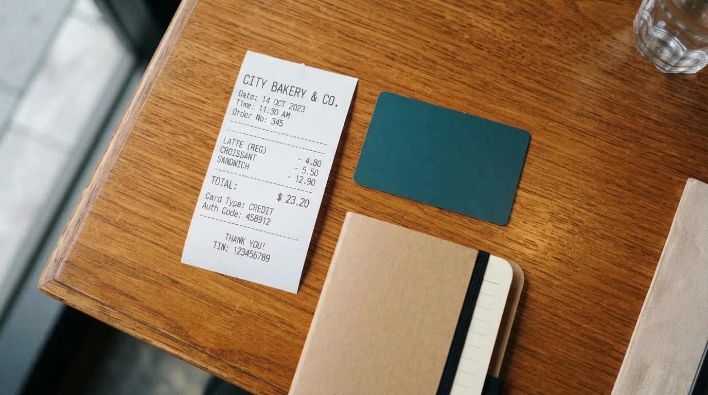 A receipt and a card on a café table