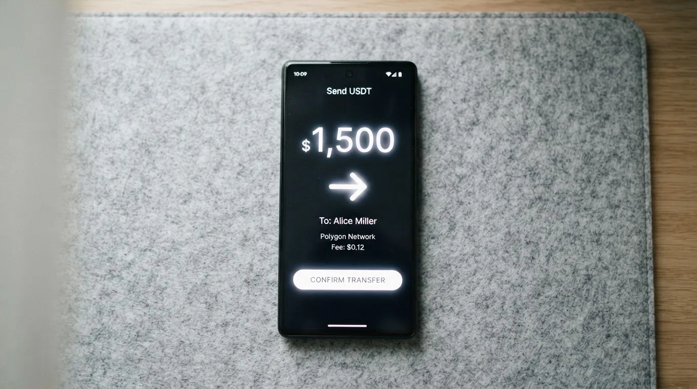 A phone showing a stablecoin transfer screen
