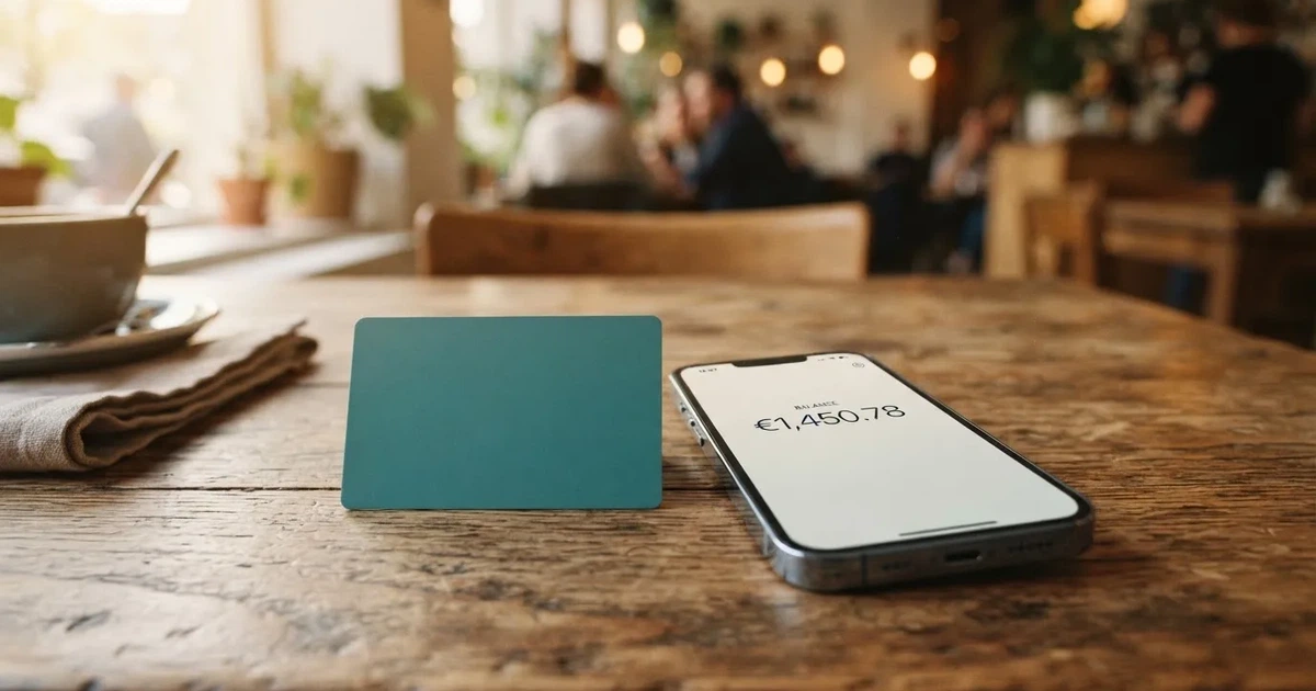 A payment card next to a phone with a crypto wallet app open